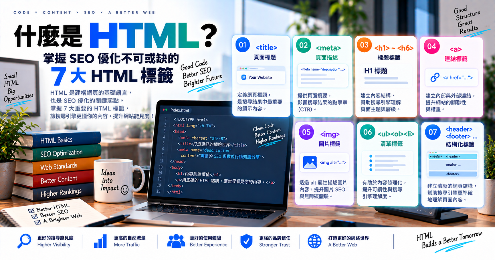 什麼是 HTML？掌握 SEO 優化不可或缺的 7 大 HTML 標籤 文章封面