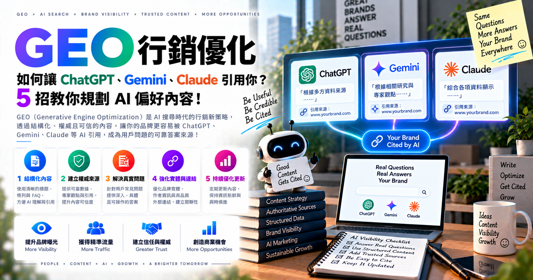 【GEO 行銷優化】如何讓 ChatGPT、Gemini、Claude 引用你？5 招教你規劃 AI 偏好內容！ 文章封面