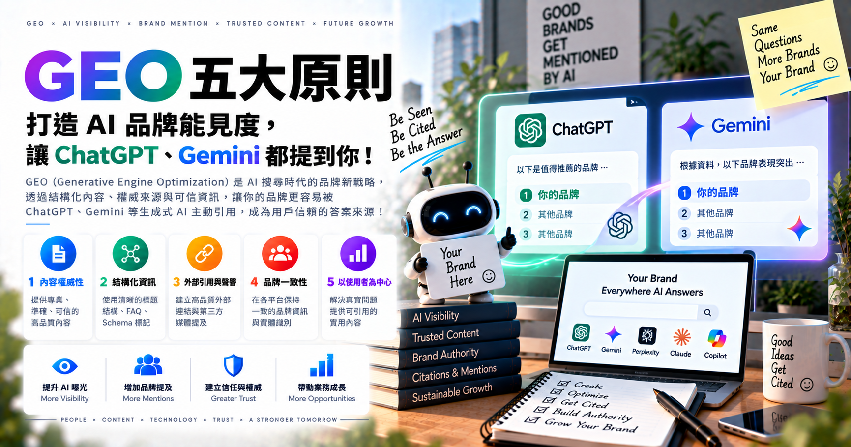GEO 五大原則：打造 AI 品牌能見度，讓 ChatGPT、Gemini 都提到你！ 文章封面