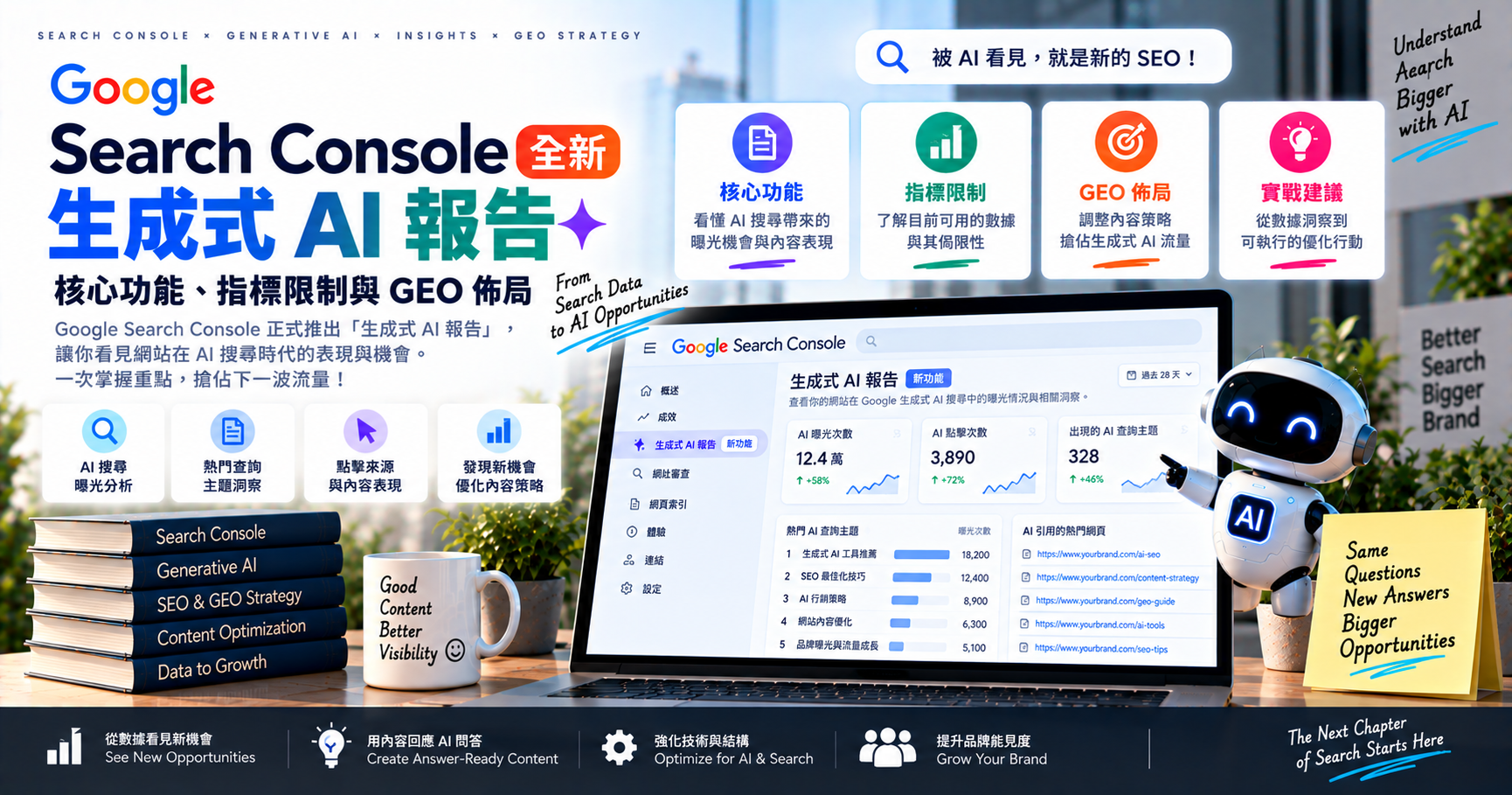 Search Console 全新「生成式 AI 報告」：核心功能、指標限制與 GEO 佈局 文章封面