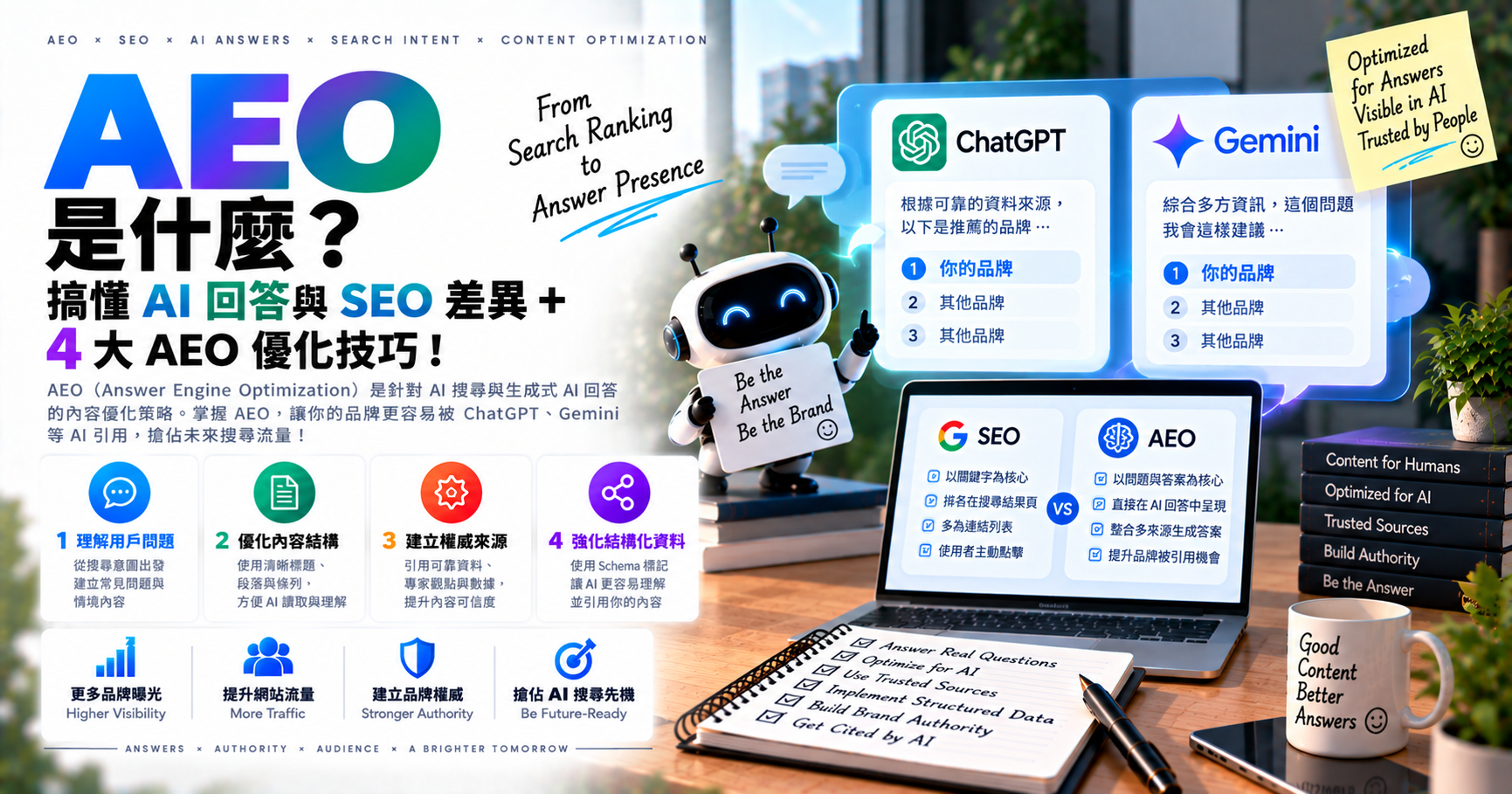 AEO 是什麼？搞懂 AI 回答與 SEO 差異＋4 大 AEO 優化技巧！ 文章封面
