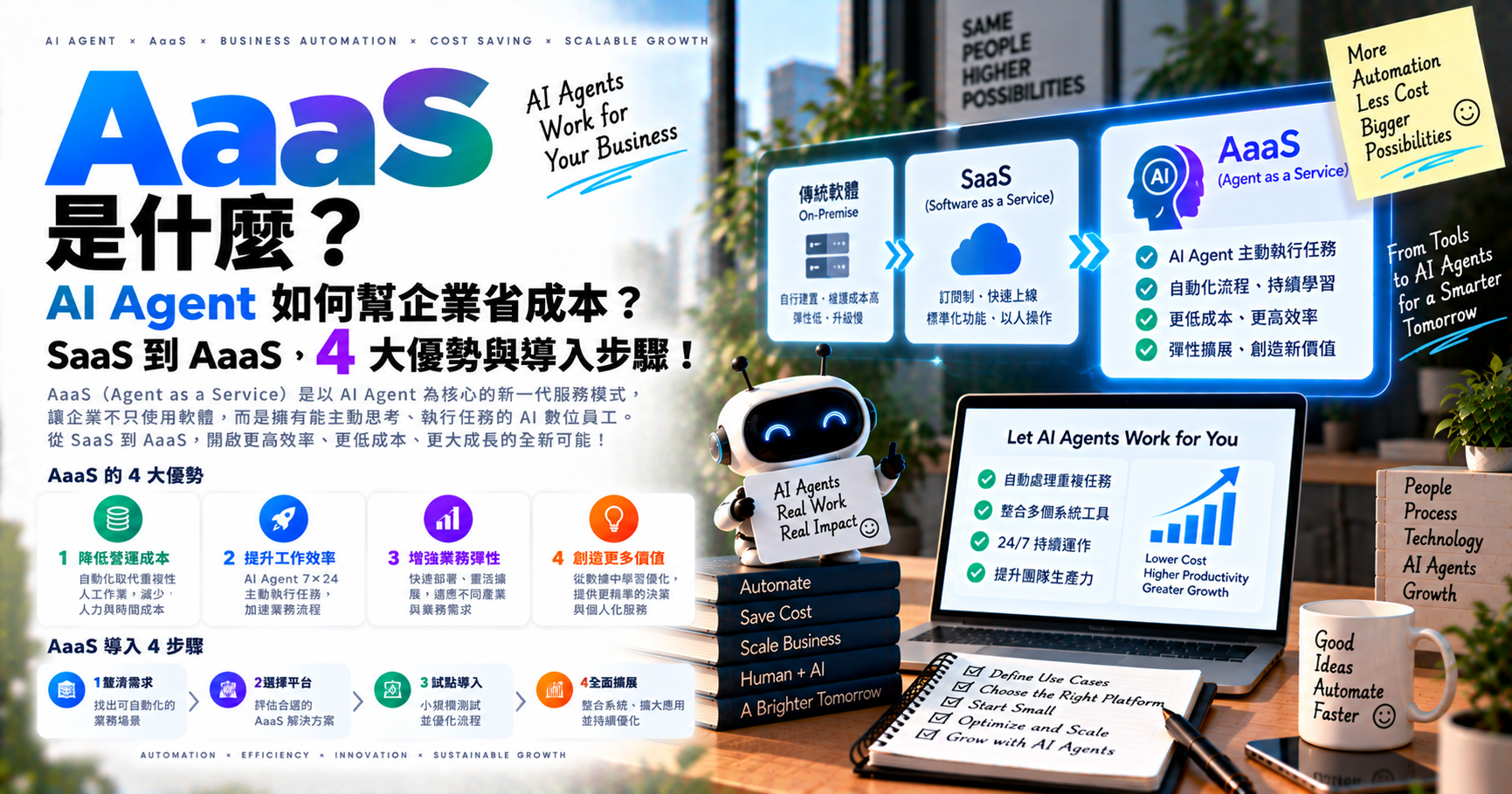 AaaS 是什麼？AI Agent 如何幫企業省成本？SaaS 到 AaaS，4 大優勢與導入步驟 文章封面